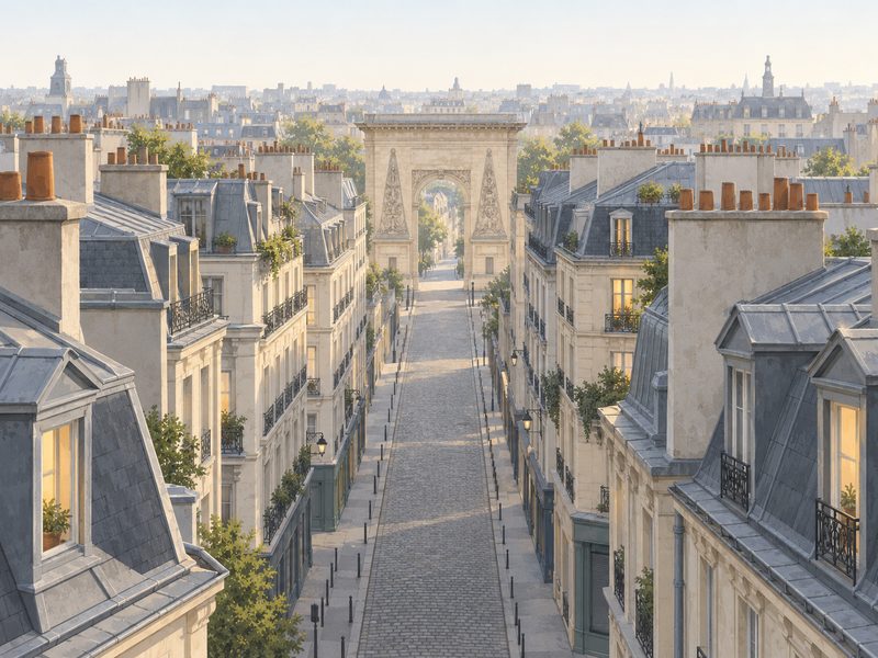 Illustration : la rue Saint-Denis vue des toits, avec la porte Saint-Denis au fond.